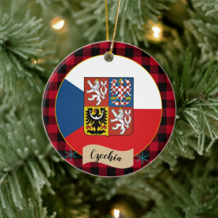 Czech Republic, Red buffalo plaid & Czech Flag Ceramic Ornament