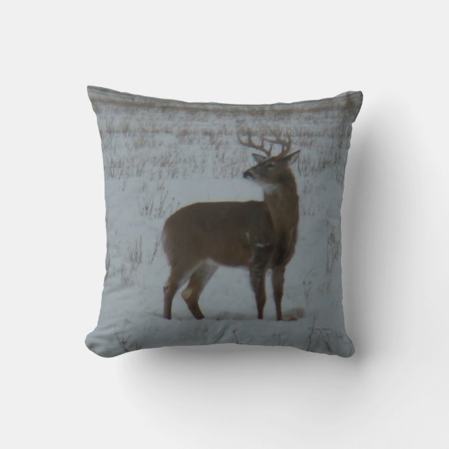 D11 White-tailed Deer Buck in Snow Throw Pillow (Front)