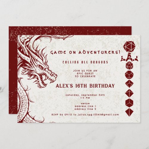 D20 Dice Celtic Dragon DND RPG DM Gamer Birthday Invitation