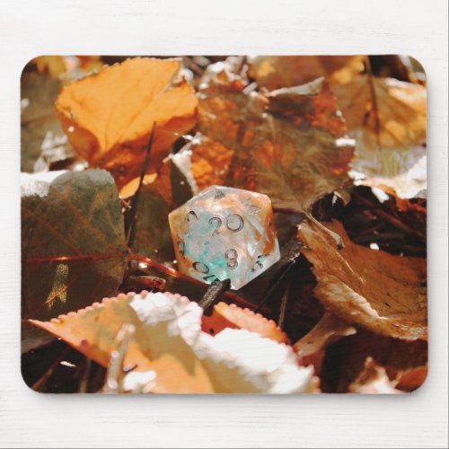 D20 Dice In Autumn Colored Leaves Mouse Pad