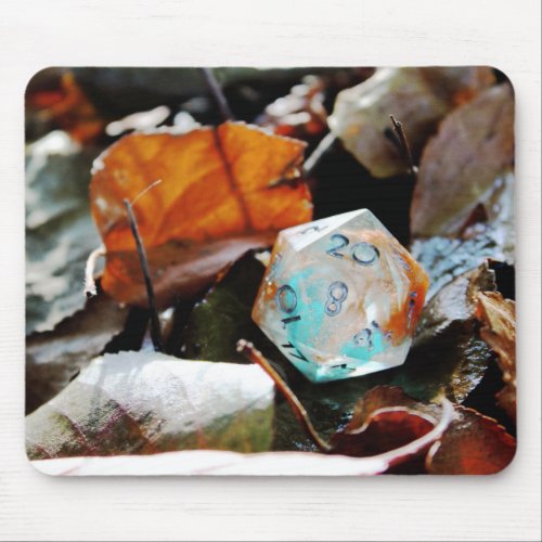 D20 Dice In Colorful Autumn Leaves Mouse Pad