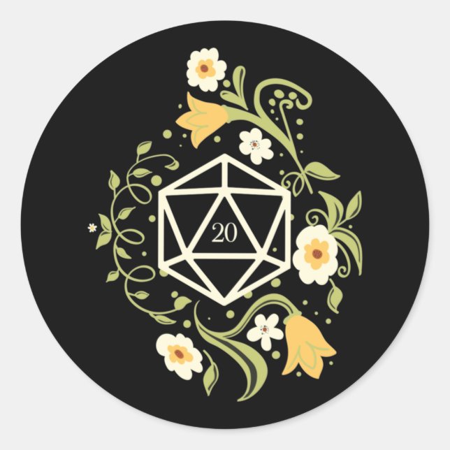 D20 Dice of Druid Flowers Tabletop RPG Classic Round Sticker (Front)