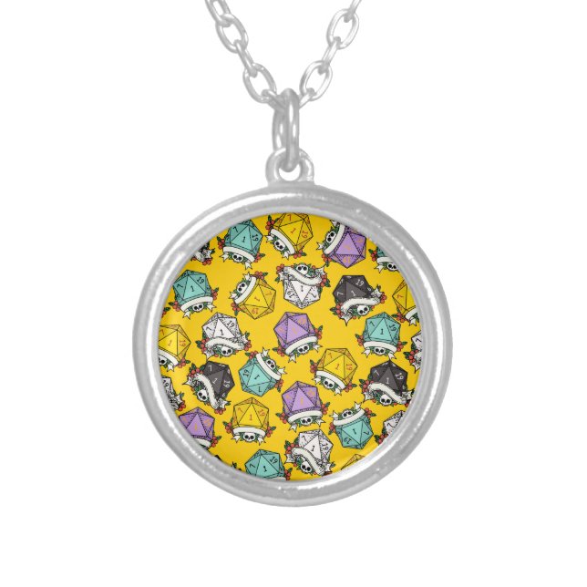 D20 Dice Set Pattern Silver Plated Necklace (Front)