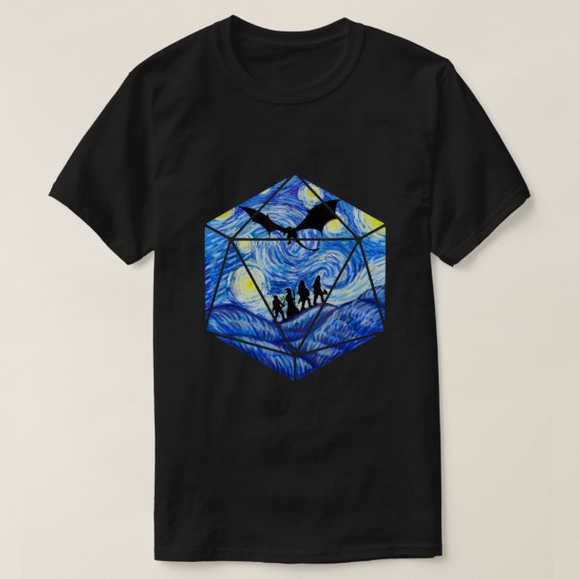 D20 Dragon Tshirt, Starry Night D20 Tee, D20 Dice  T-Shirt (Design Front)