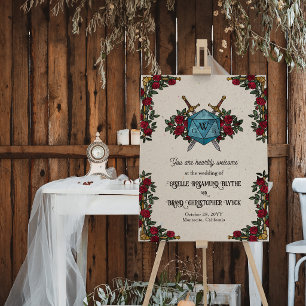 D20 Monogram Red Roses RPG Themed Wedding Welcome Foam Board