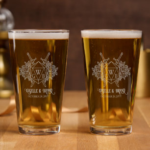 D20 Monogram Roses RPG Themed Wedding Pint Glass