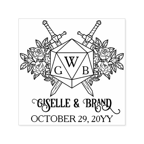 D20 Monogram Roses RPG Themed Wedding Self-inking Stamp