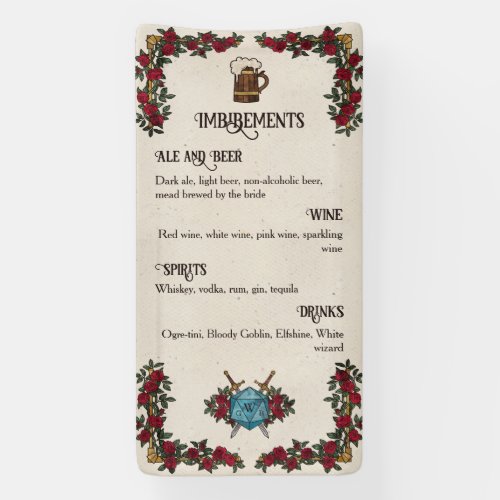 D20 Monogram Roses RPG Wedding Bar Menu Banner