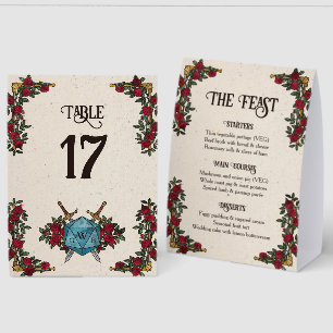 D20 Monogram Roses RPG Wedding Menu & Table Number Paper Table Tent