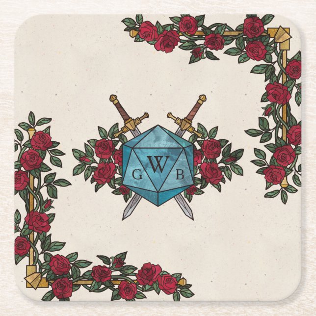 D20 Monogram Roses RPG Wedding  Square Paper Coaster (Front)