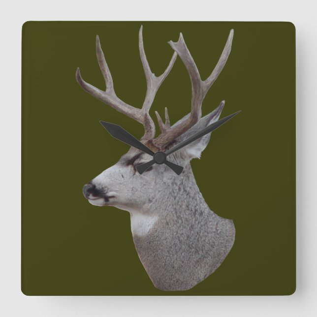 D27 Mule Deer Buck Head Shot Square Wall Clock (Front)