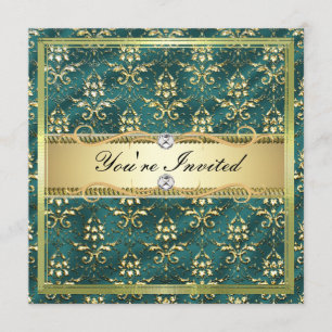 D2 Elegant Gold Teal Damask Card Template