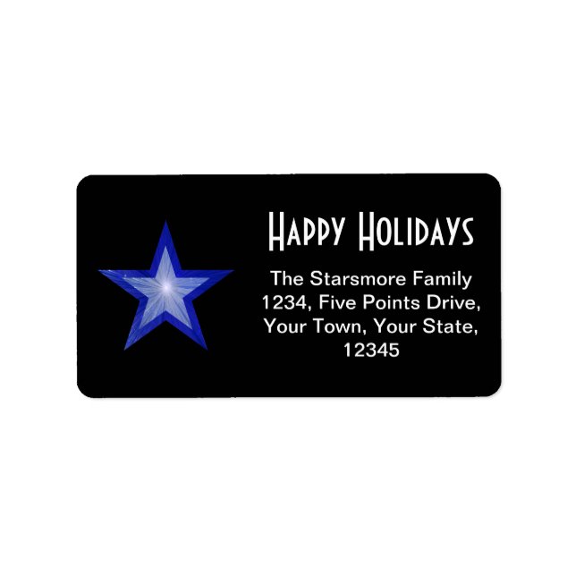 D Blue Star 'Happy Holidays' address label black (Front)