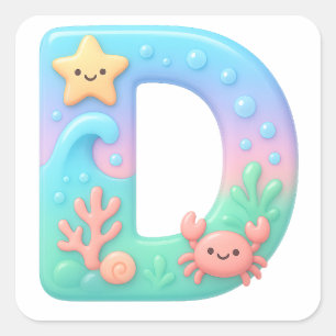 "D" Cute Bubble Letter - Underwater Sea Creature A Square Sticker