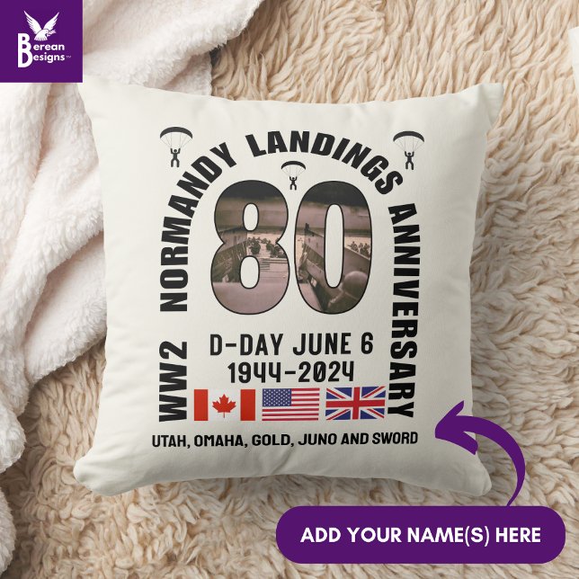 D-DAY NORMANDY LANDINGS WW2 80th Anniversary  Throw Pillow (Souvenir throw pillow for 80th anniversary of D-Day landings. Customizable. Ideal gift for veterans )