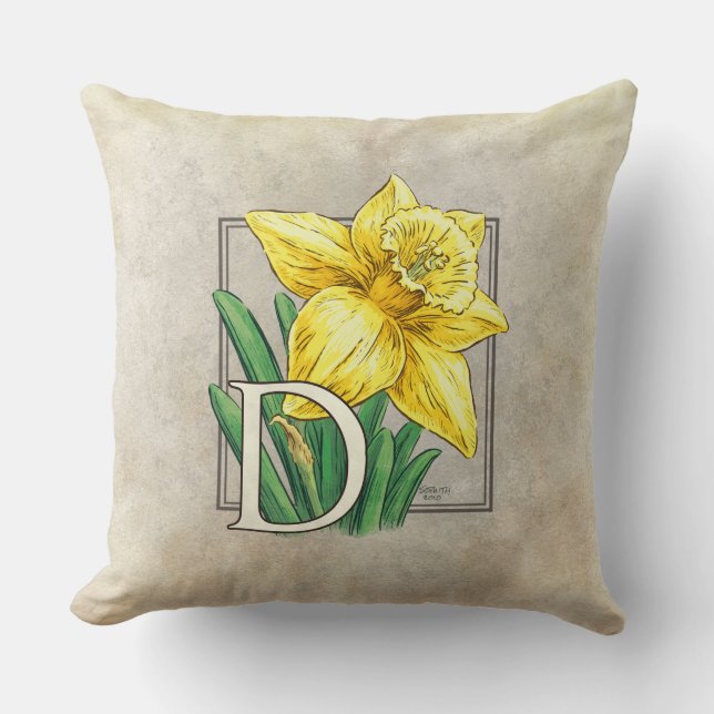 D for Daffodil Floral Monogram Throw Pillow (Front)