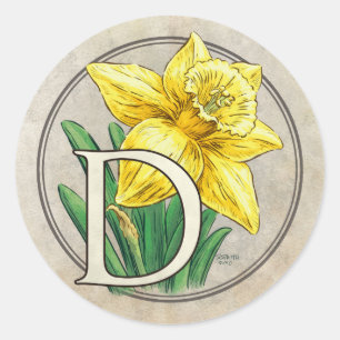 D for Daffodil Flower Monogram Round Stickers