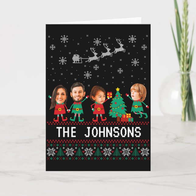 D Funny Face Photo Christmas Elf Family  Card (Front)