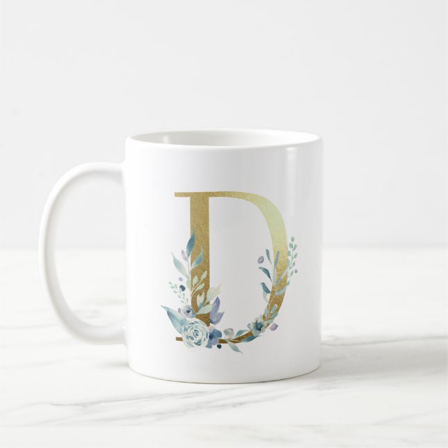 D  gold initial with blue floral foliage coffee mug (Left)