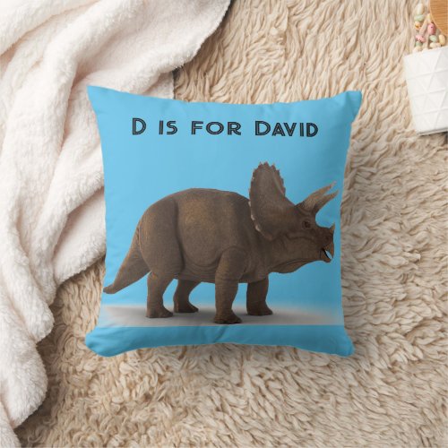 D is for Custom Name Dinosaur Light Blue Throw Pillow