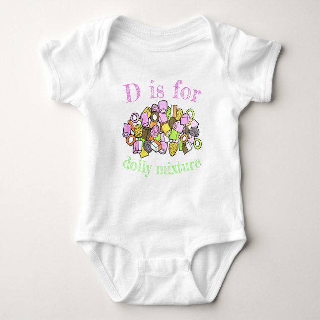 D IS FOR Dolly Mixture UK British Confection Candy Baby Bodysuit (Front)