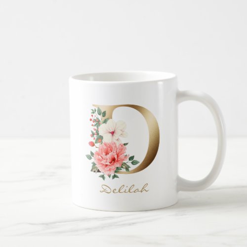 D Letter Gold Monogram  Pink White Green Floral Coffee Mug