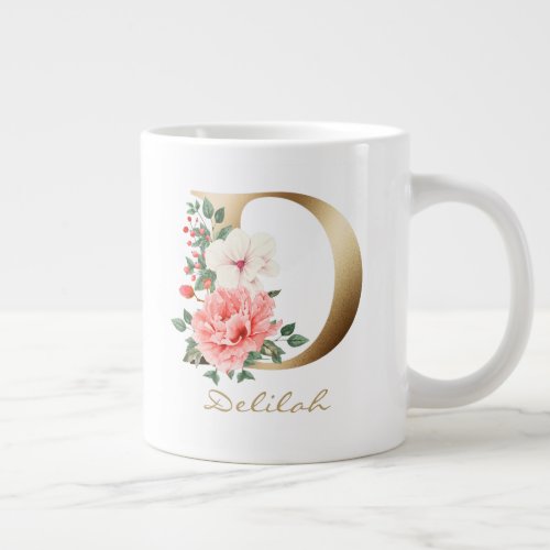 D Letter Gold Monogram  Pink White Green Floral Giant Coffee Mug