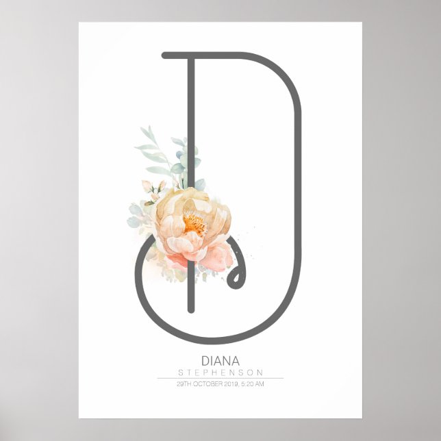 D Letter Monogram Blush Peach Floral Home Decor (Front)