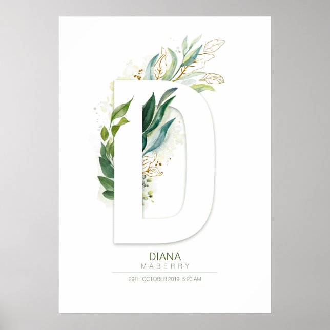 D Letter Monogram Gold Greenery Foliage Chic Poster (Front)