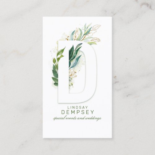 D Letter Monogram Gold Greenery Leaves Elegant Business Card