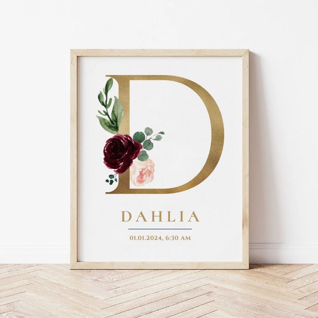 D Letter Monogram Name Marsala Floral Nursery Poster (Creator Uploaded)