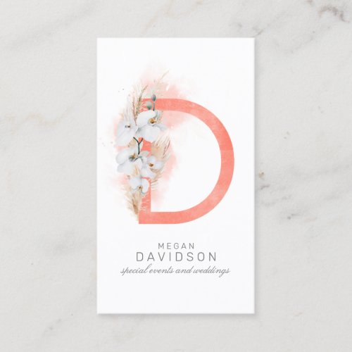 D Letter Monogram White Orchids and Pampas Grass Business Card