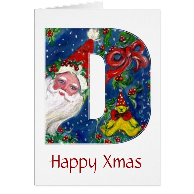 D LETTER / SANTA CLAUS WITH RED RIBBON MONOGRAM CARDS (Front)
