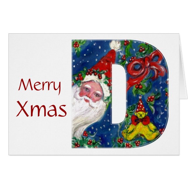 D LETTER / SANTA CLAUS WITH RED RIBBON MONOGRAM CARDS (Front Horizontal)