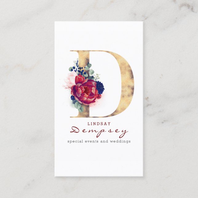 D Monogram Burgundy Gold and Navy Blue Floral Business Card (Front)