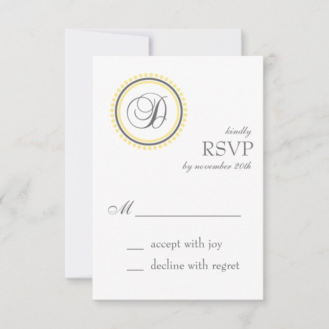 D Monogram Dot Circle RSVP Cards (Yellow / Gray) (Front)