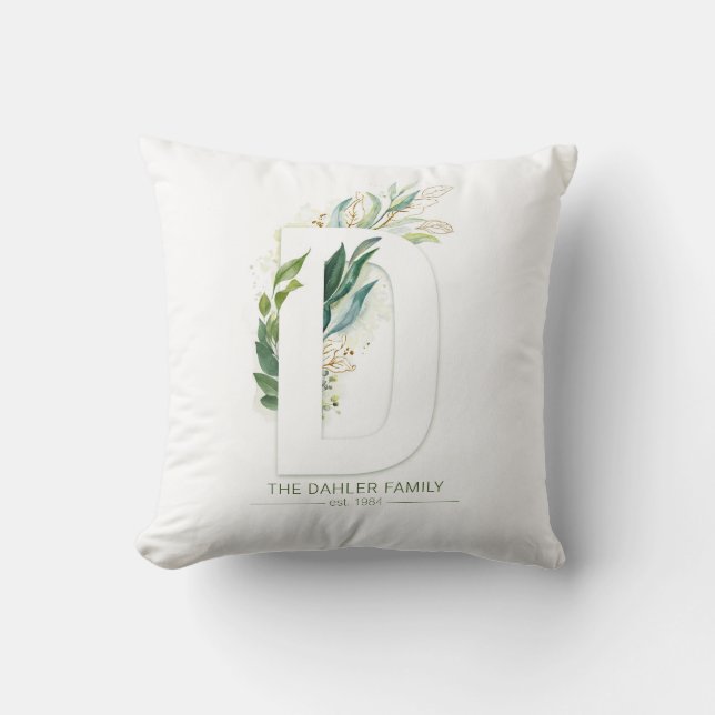 D Monogram Elegant Gold Greenery Family Name Throw Pillow (Front)