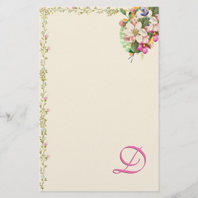 D Monogram Floral Bouquet Stationery (Front)
