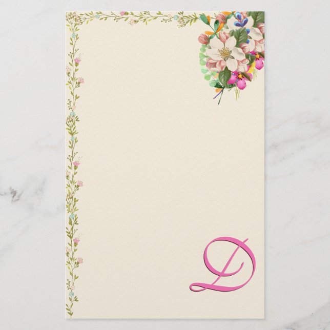 D Monogram Floral Bouquet Stationery (Front)