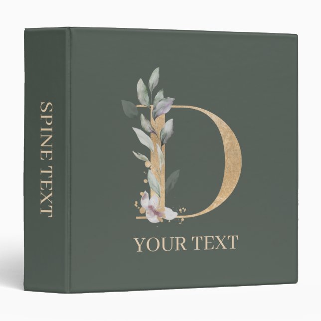 D Monogram Floral Personalized 3 Ring Binder (Front/Spine)