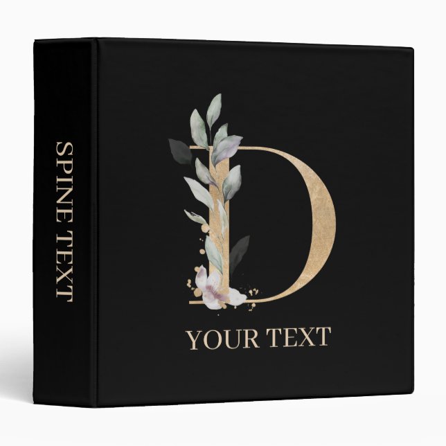 D Monogram Floral Personalized 3 Ring Binder (Front/Spine)