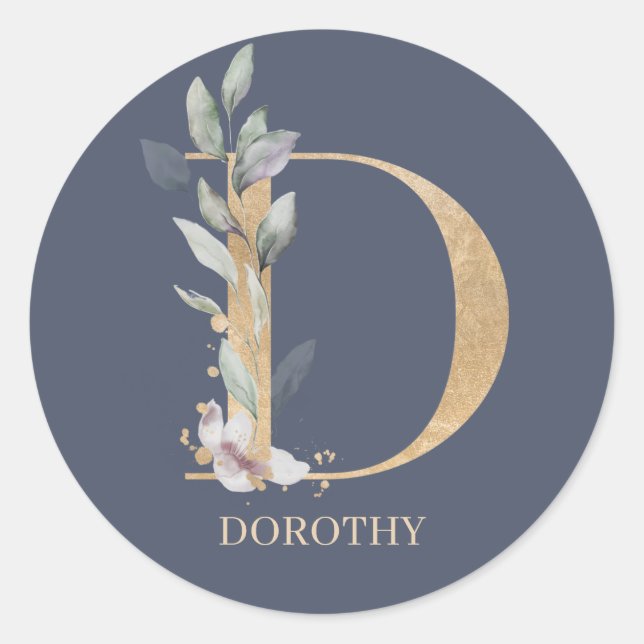 D Monogram Floral Personalized Classic Round Stick Sticker (Front)