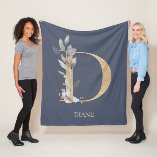 D Monogram Floral Personalized Fleece Blanket