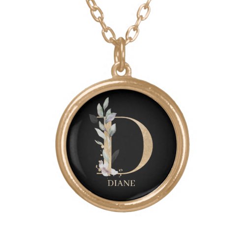 D Monogram Floral Personalized Gold Plated Necklace