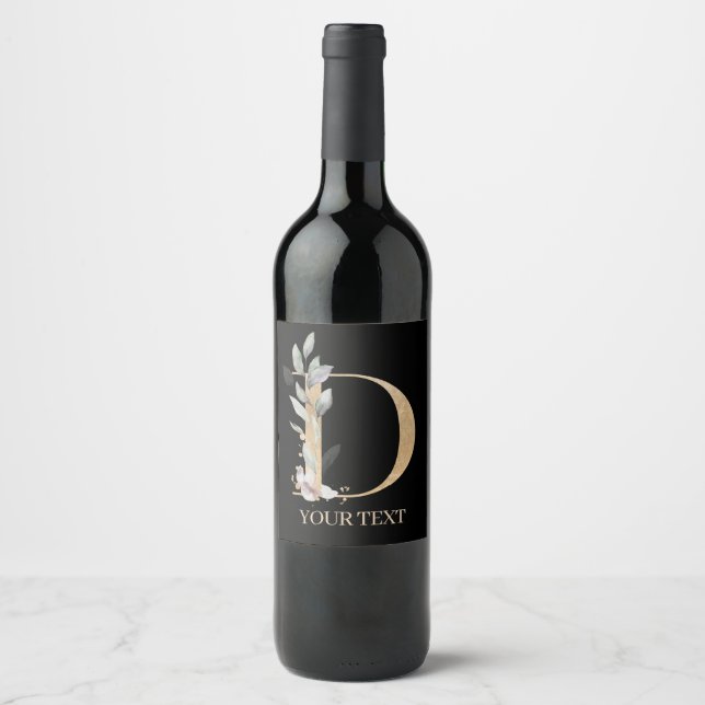 D Monogram Floral Personalized Wine Label (Front)