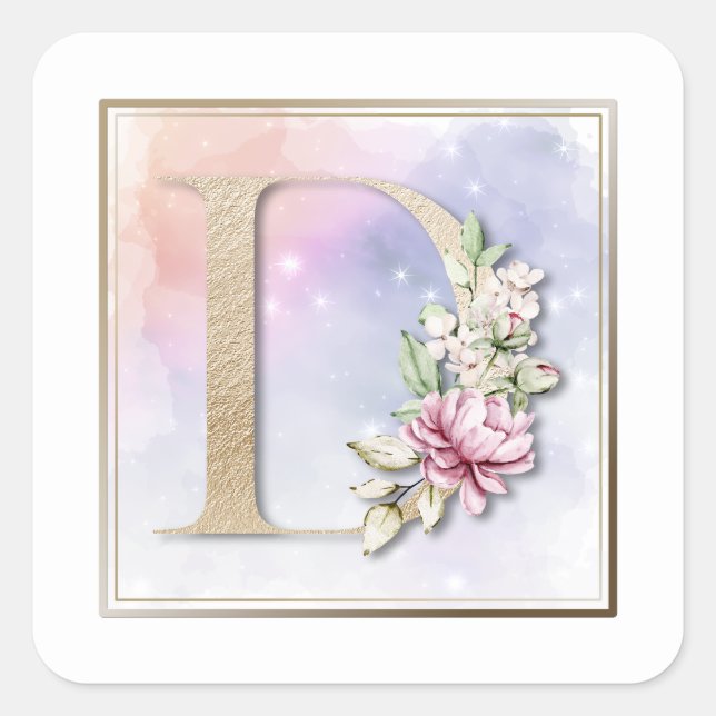 D Monogram Pink Floral Square Sticker (Front)