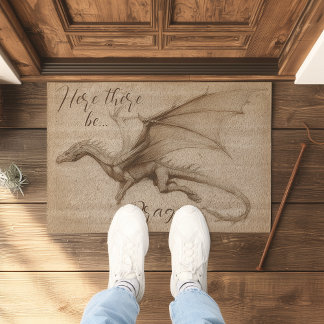 Da Vinci Style Dragon "Here there be dragons" Fiber Doormat