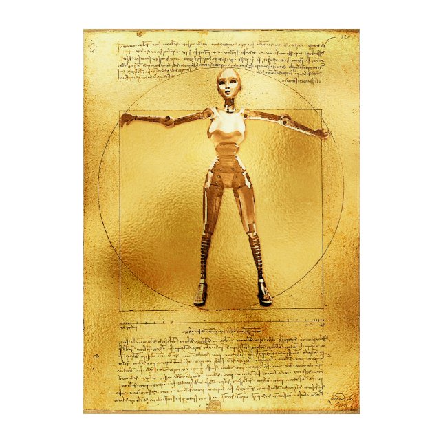 Da Vinci Vitruvian Gold Robot Acrylic Print (Front)