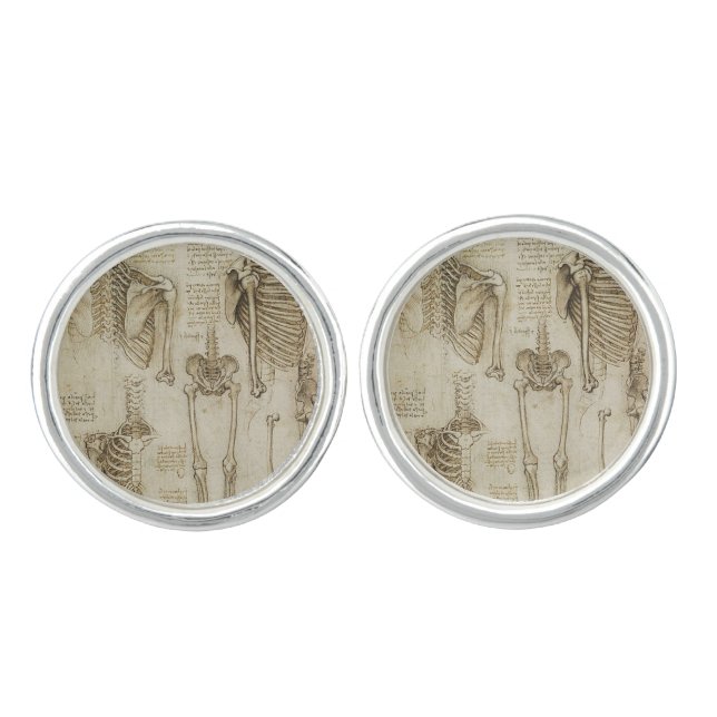 Da Vinci's Human Skeleton Anatomy Sketches Cufflinks (Front)