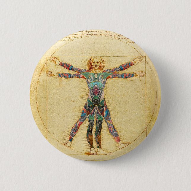 Da Vinci's Vitruvian man with tattoos Button (Front)